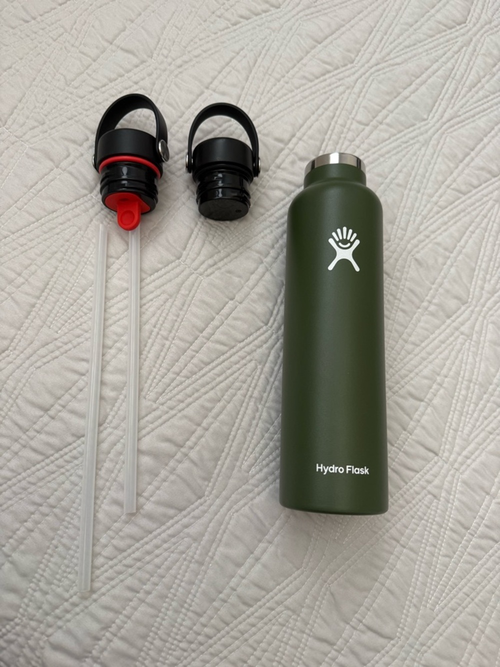 Hydro Flask Olive Green Slim Bottle with Two Straw Caps